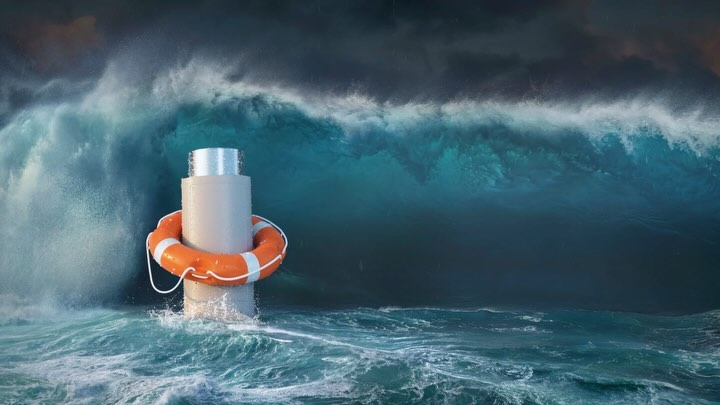Concrete pillar wrapped in a life preserver, standing in ocean waves against a dark, stormy sky with a large crashing wave behind it.