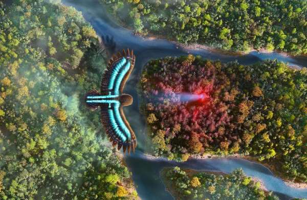 Aerial digital art shows a stylized eagle flying above a river cutting through a dense forest with vibrant green and autumn foliage.
