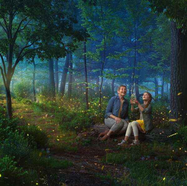 Adult woman and a young girl sit on a log in a forest surrounded by fireflies. The girl holds a jar with fireflies inside.