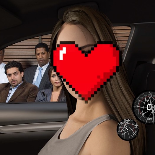Woman in a car interior with blurred figures visible in the background, showcasing a diverse group of people in muted tones.