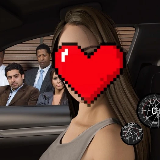Woman in a car interior with blurred figures visible in the background, showcasing a diverse group of people in muted tones.