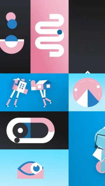 Geometric graphic design in blocks featuring an eye, intestine, robots with a mailbox, and other abstract shapes in shades of blue and pink.