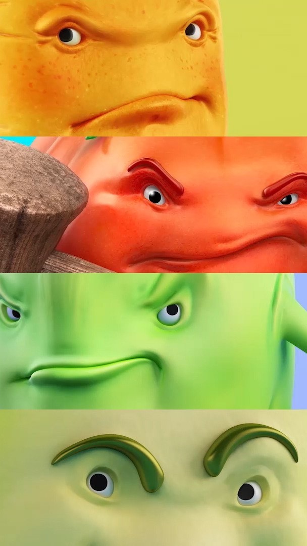 Digital art of cartoon faces in orange, red, green, and pale green, each with angry expressions and furrowed brows, stacked vertically.