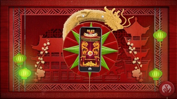 Mobile phone displays slot game Palace of Dragons, framed by a golden dragon and green lanterns on a decorative red background.