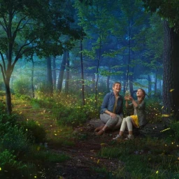 An older woman and a young girl sitting on a fallen log in a dark forest lit by glowing fireflies, photographed by Alice Blue.