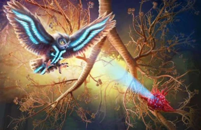Digital art of a glowing owl flying through a whimsical woodland, casting a blue light beam toward a strange flower.