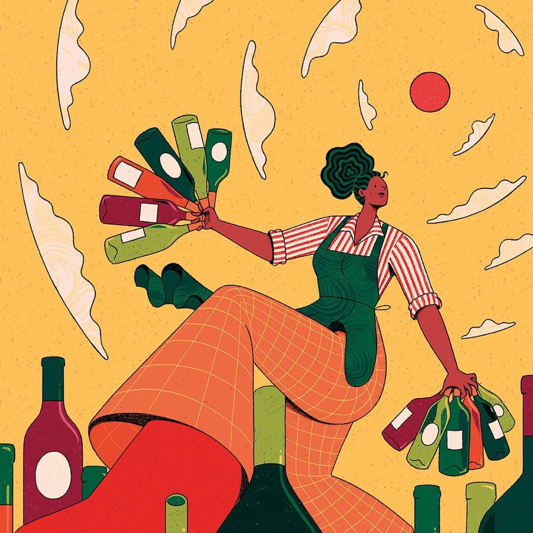 Illustration of an adult female holding wine bottles in a stylized scene with an apron, patterned tights, clouds, and other wine bottles.