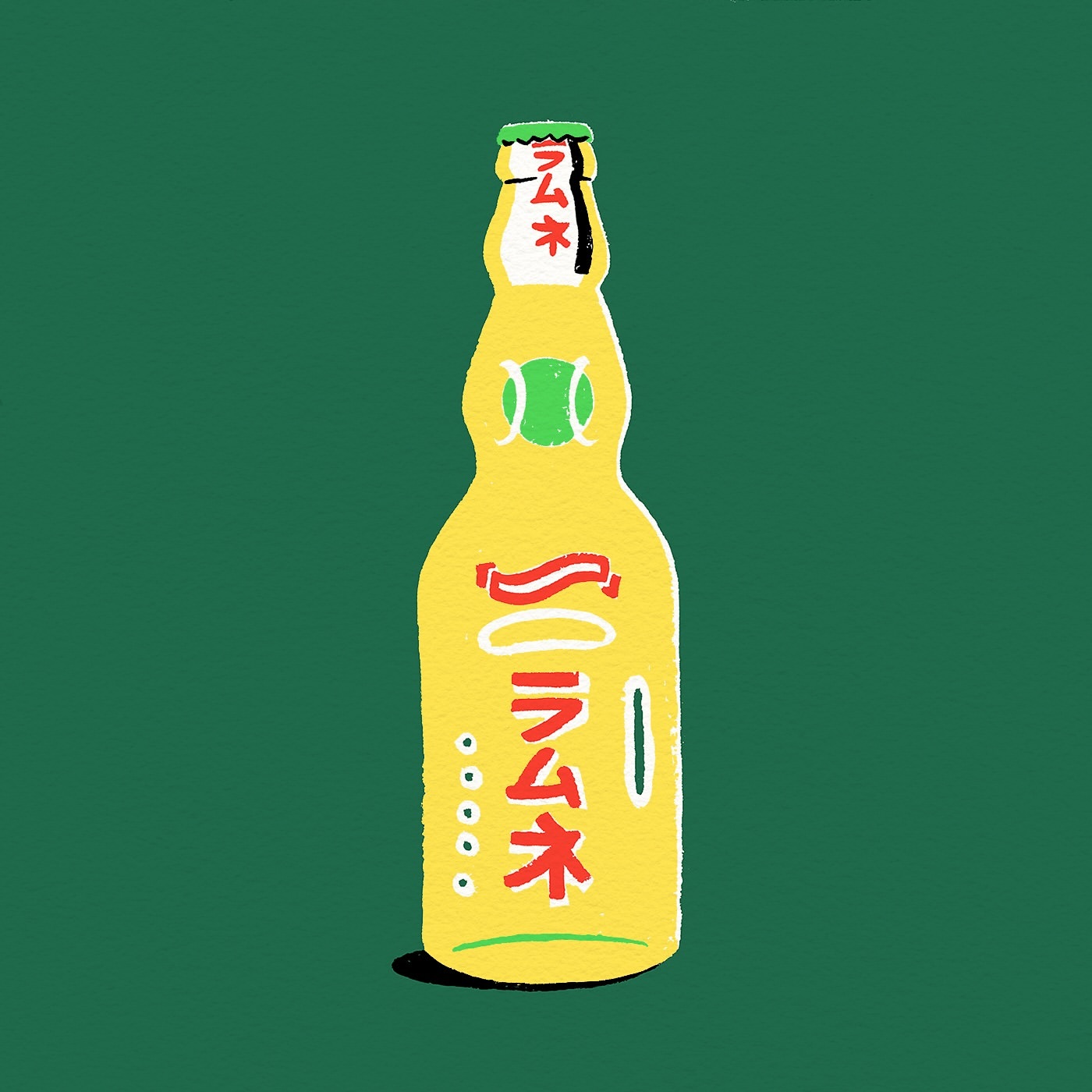 Illustration of a yellow Ramune soda bottle with Japanese text and a green background, showcasing Japanese soft drink illustration.