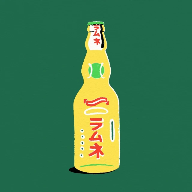 Illustration of a yellow Ramune soda bottle with Japanese text and a green background, showcasing Japanese soft drink illustration.