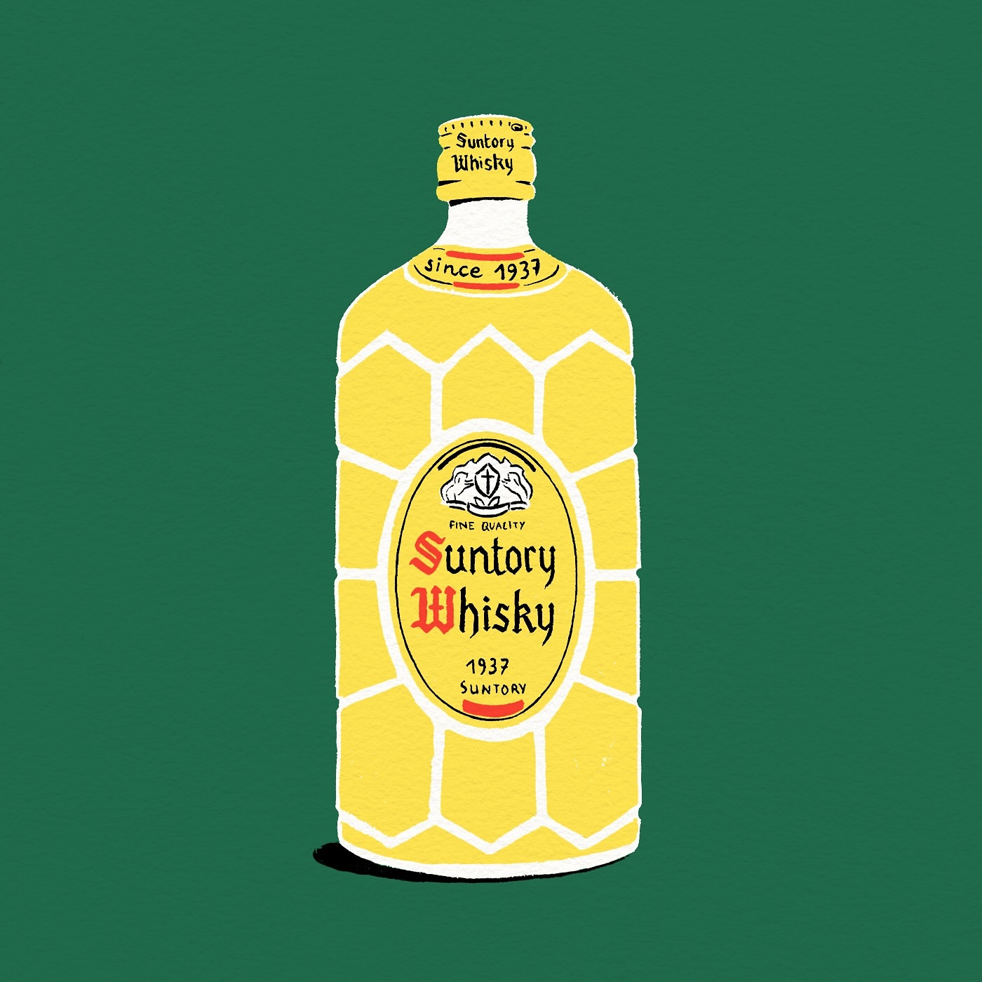 Stylized illustration of a vintage Suntory Whisky bottle, featuring a yellow honeycomb pattern and classic label design against a green backdrop.