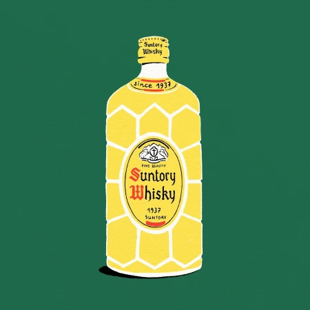 Stylized illustration of a vintage Suntory Whisky bottle, featuring a yellow honeycomb pattern and classic label design against a green backdrop.