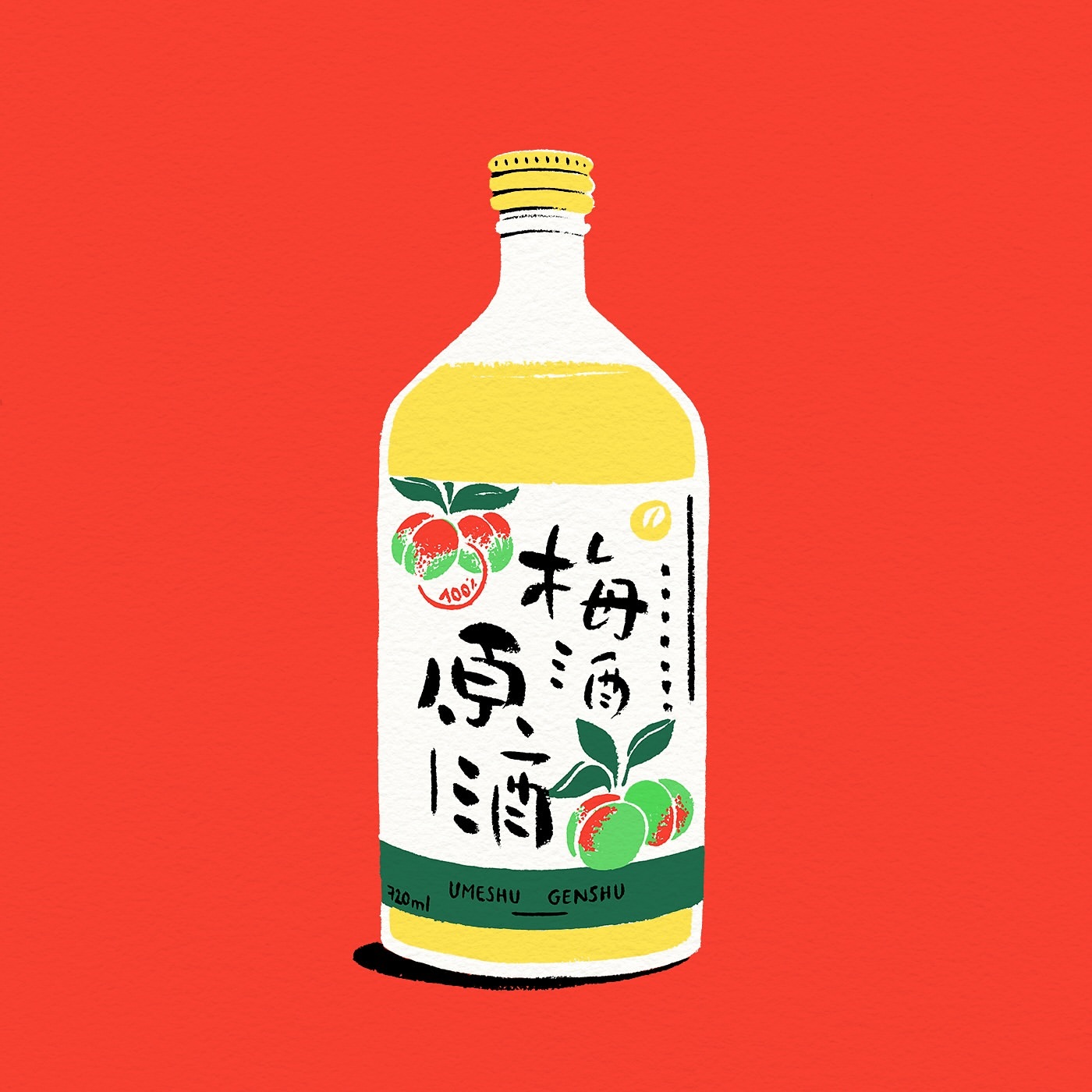 Illustration of a bottle of plum wine (umeshu) with Japanese text on the label, set against a bright red background.