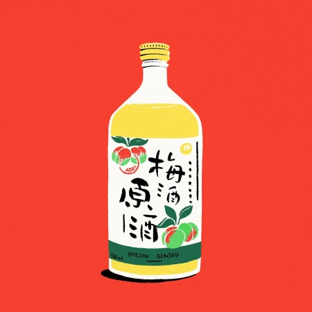 Illustration of a bottle of plum wine (umeshu) with Japanese text on the label, set against a bright red background.