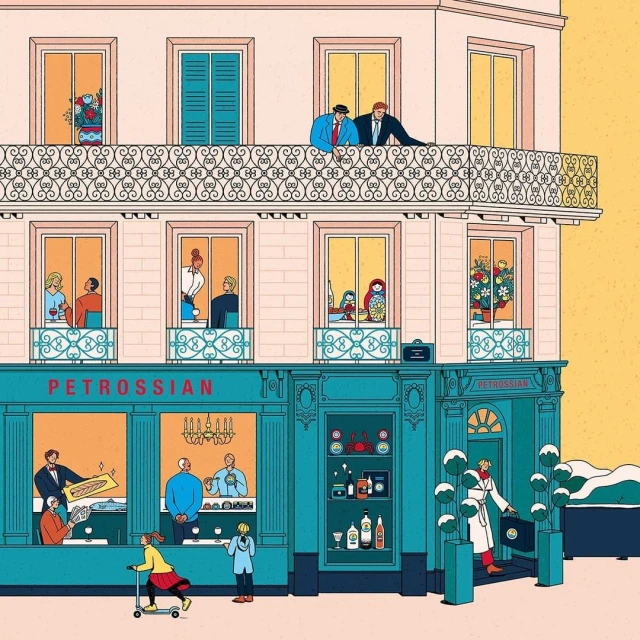 Illustration of a multi-story building with people at the windows and a storefront named Petrossian, with people dining and walking outside.