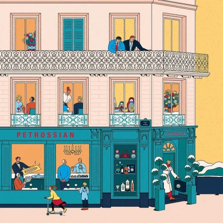 Illustration of a multi-story building with people at the windows and a storefront named Petrossian, with people dining and walking outside.
