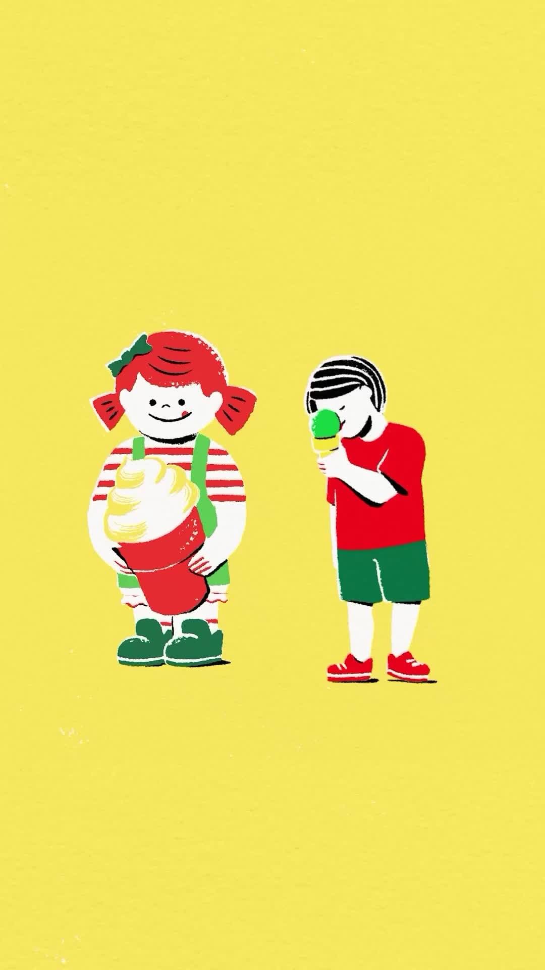 Retro style vector illustration of a girl holding a large ice cream cone next to a boy eating an ice cream cone on a yellow background.