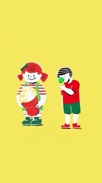 Retro style vector illustration of a girl holding a large ice cream cone next to a boy eating an ice cream cone on a yellow background.