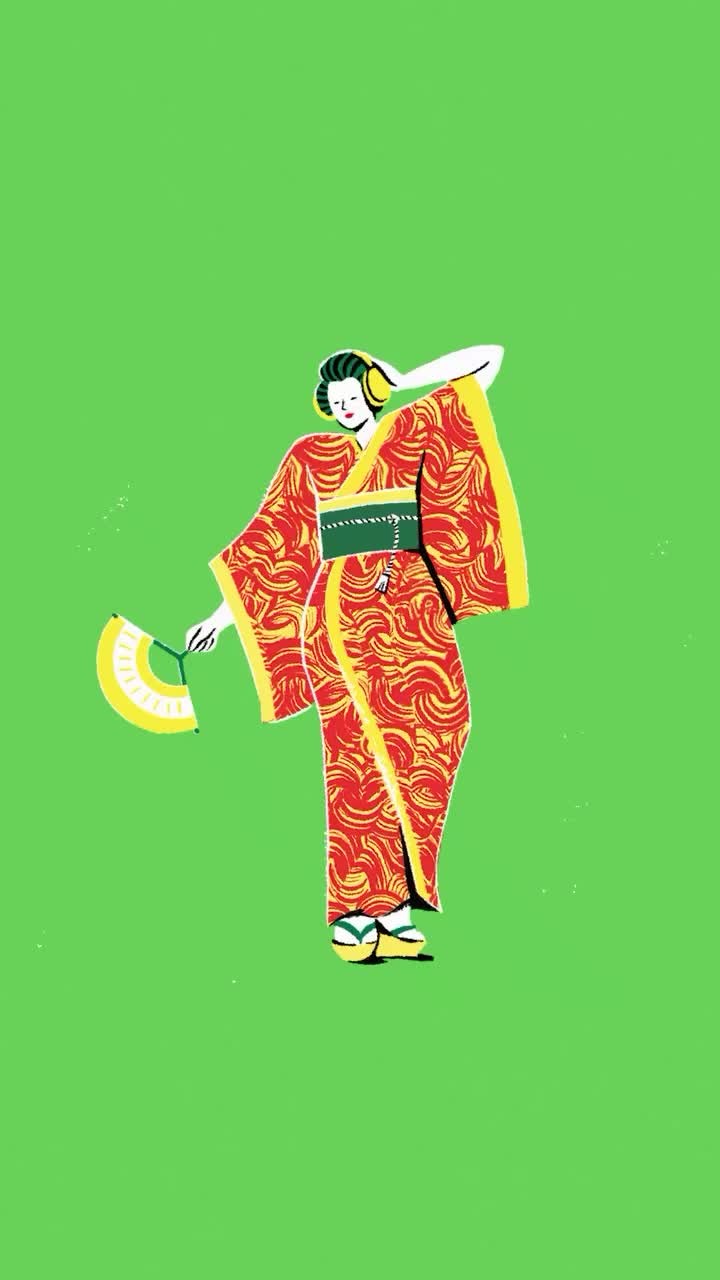 Illustration of a woman in a kimono standing against a green background, holding a fan and glancing to the side with a serene expression.