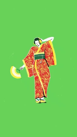 Illustration of a woman in a kimono standing against a green background, holding a fan and glancing to the side with a serene expression.