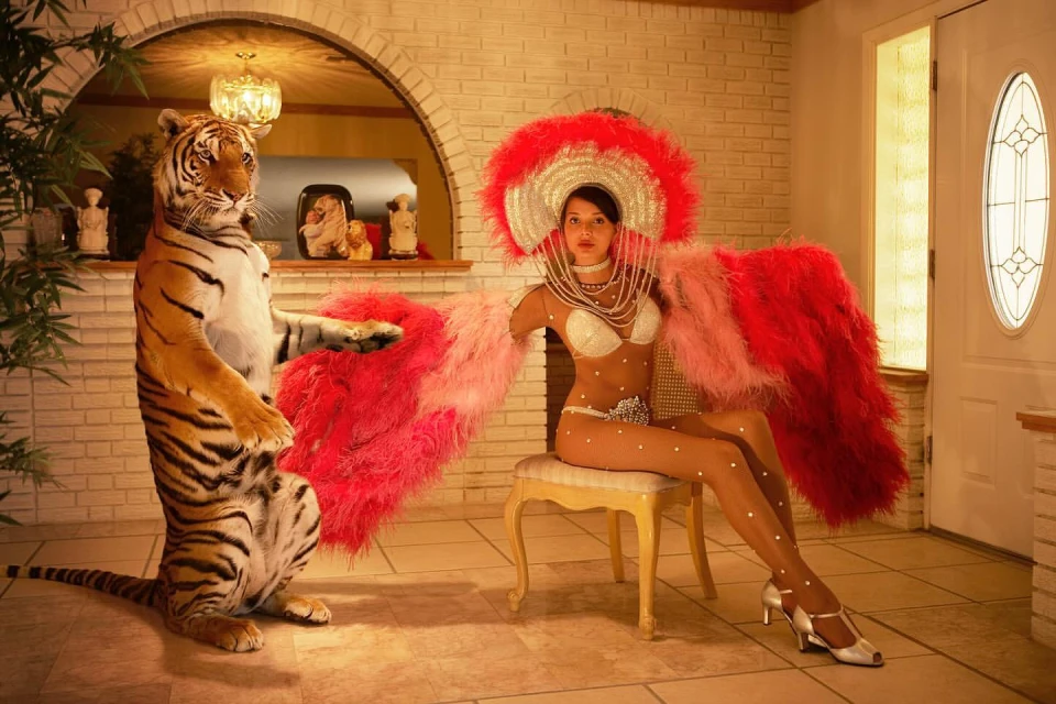 A human and a tiger stand together indoors, the woman wearing a feathered costume while seated on a chair, under warm indoor lighting.