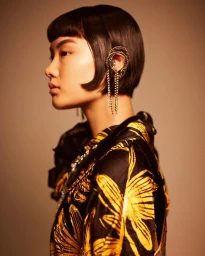Profile portrait of a woman with dark bob hair and ornate jewelled ear cuff wearing a black and gold patterned top against warm backdrop