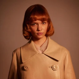 Portrait of a young woman with red bobbed hair wearing a beige double-breasted coat against a warm neutral backdrop by Alice Hawkins