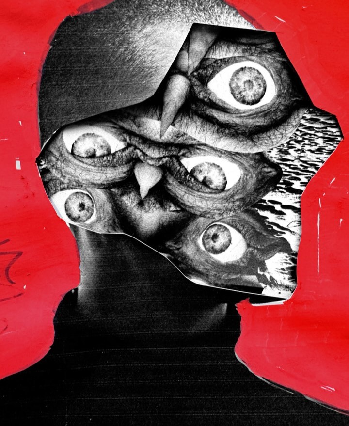 Abstract art: Montage of a man with a multiple-eyed face on a red background. Collage and graphic design combine for artistic effect.