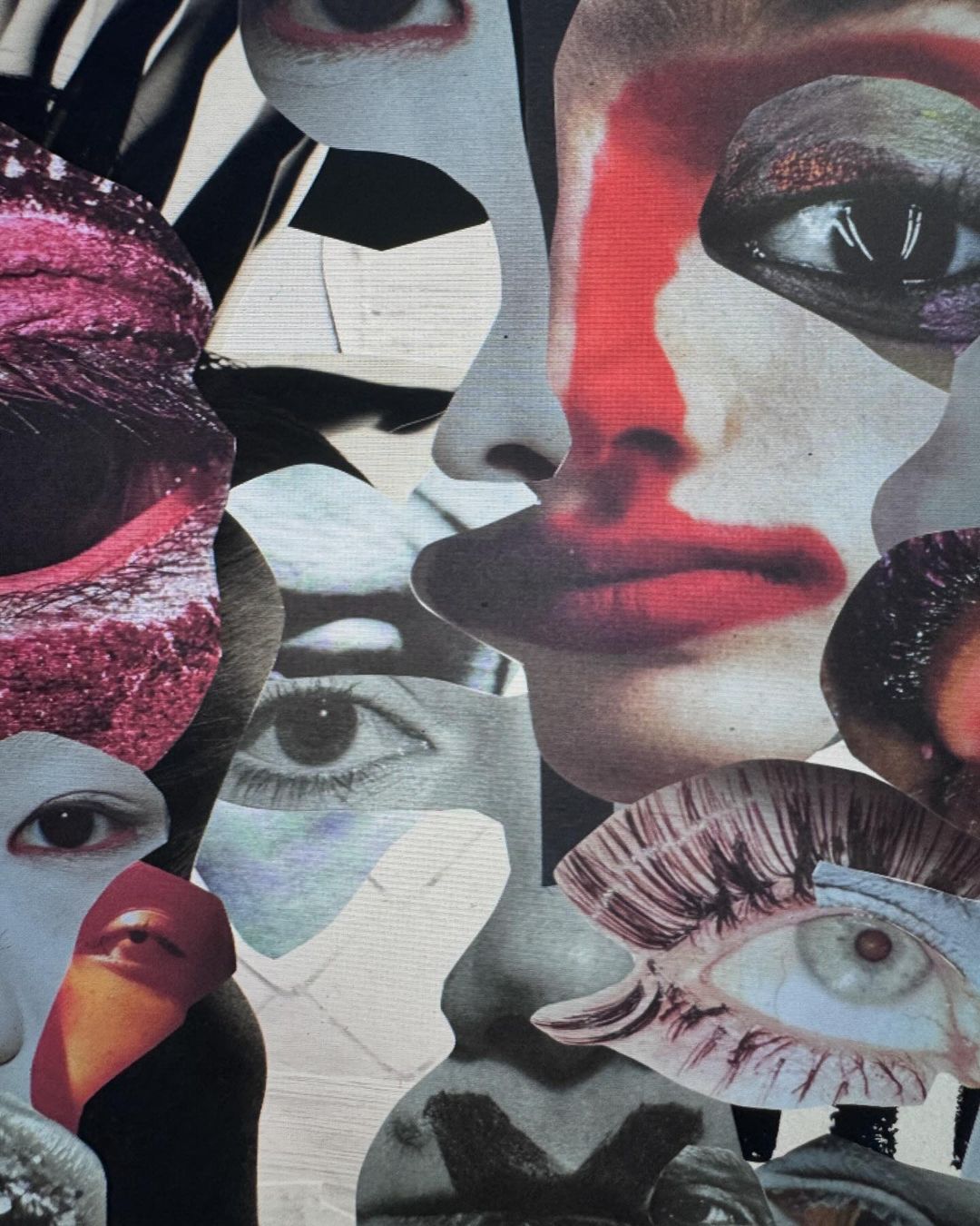 Collage of different human faces and facial features in shades of red, pink, black, and white, arranged in a layered composition.