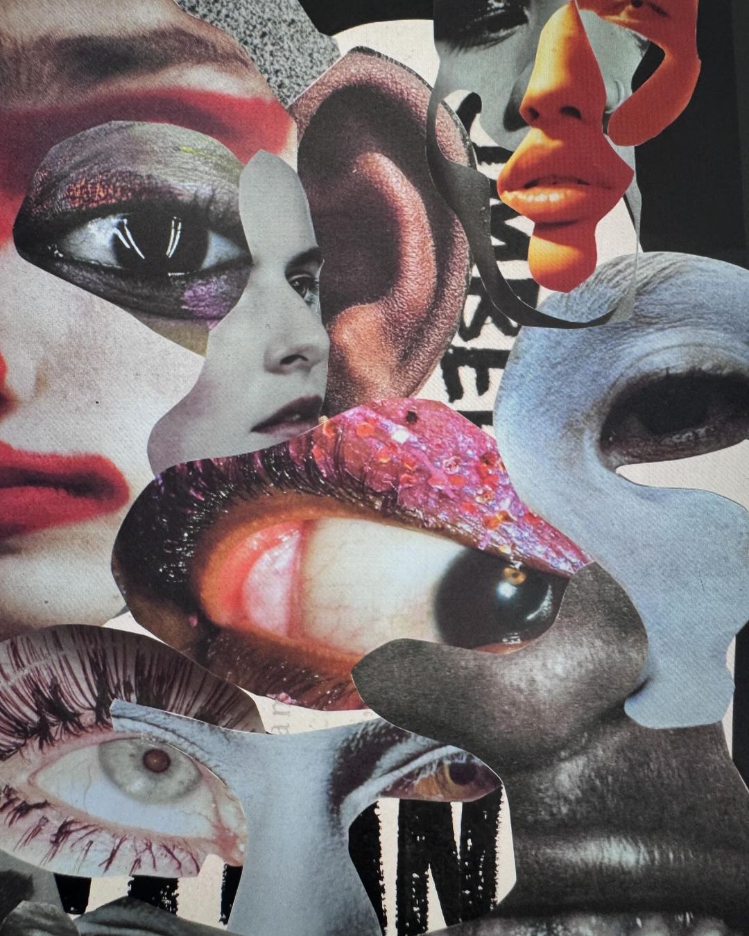 Collage of human faces and facial features in shades of red, gray, and black, creating an abstract and surreal artistic composition.