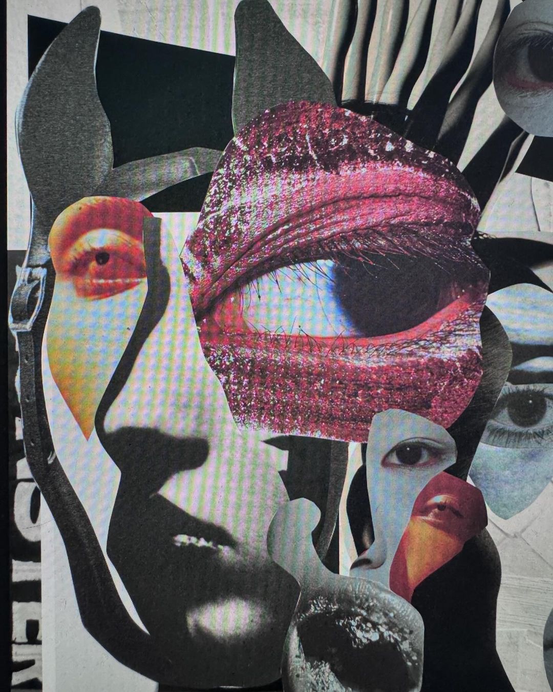 Collage portrait of human face with paper cutouts and mixed media elements in shades of gray, pink, red, and white.