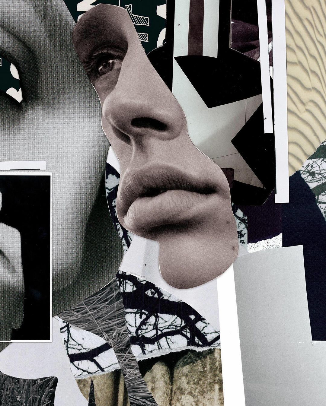 Collage of human facial features and abstract patterns in black, white, and neutral tones creating a surreal and fragmented aesthetic.