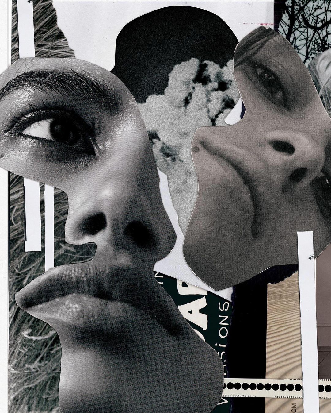 Monochromatic collage featuring fragmented female facial features, set against a backdrop of mixed textures and patterns, on paper.