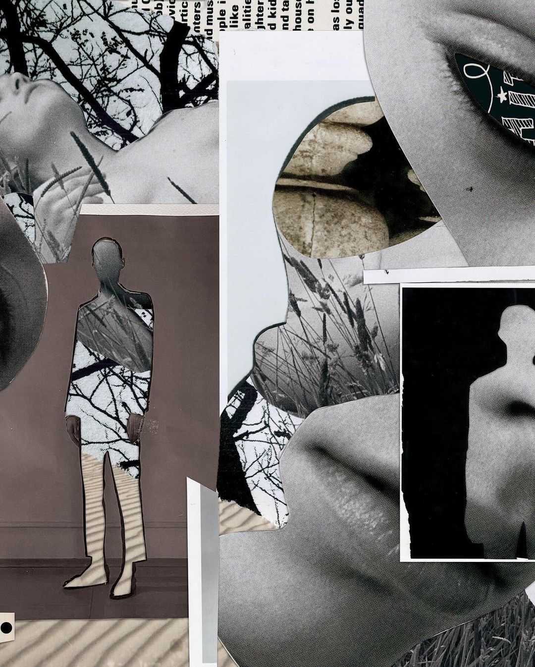 Collage art featuring human figures merged with natural elements, monochromatic tones, and superimposed typography in the background.
