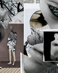 Monochrome mixed media collage featuring layered black and white cut-out photographs, illustrated figures, and textured paper elements by Alice Isaac.