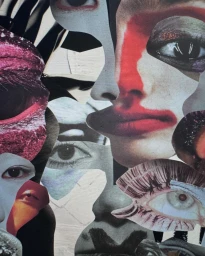 Surreal paper collage artwork by Alice Isaac featuring overlapping cut-out facial features, eyes, and lips in high contrast.