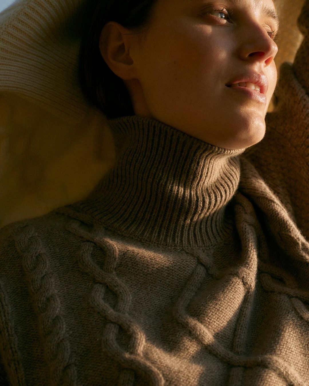 Close-up of a fair-skinned adult female wearing a brown turtleneck sweater, posing indoors with a diffused light source.