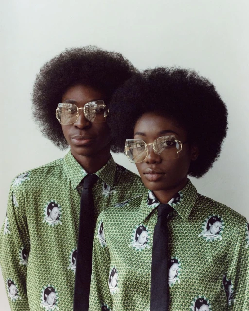 Portrait of two African models in matching green-patterned shirts, black ties, and gold-framed glasses against a neutral backdrop.