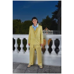Man wearing a yellow suit and blue shirt standing on a stone terrace with a white balustrade in Paris.