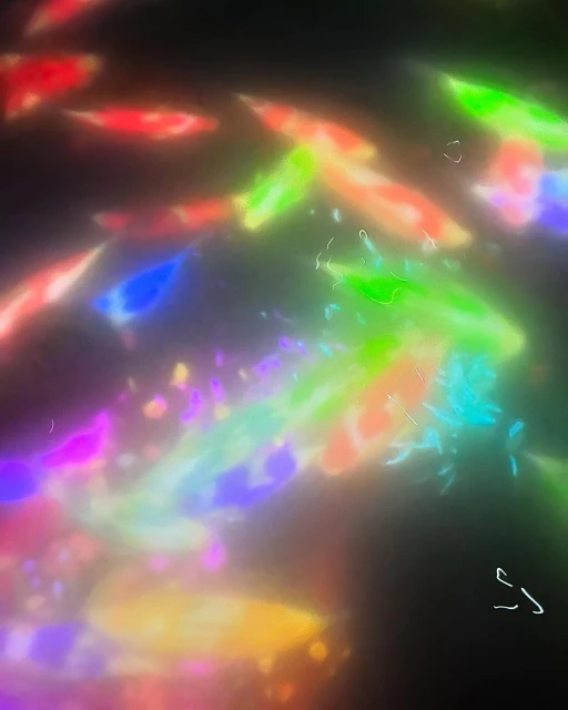 Abstract and colorful fish swimming in dark water with light creating rainbow hues, creating an underwater ethereal scene.