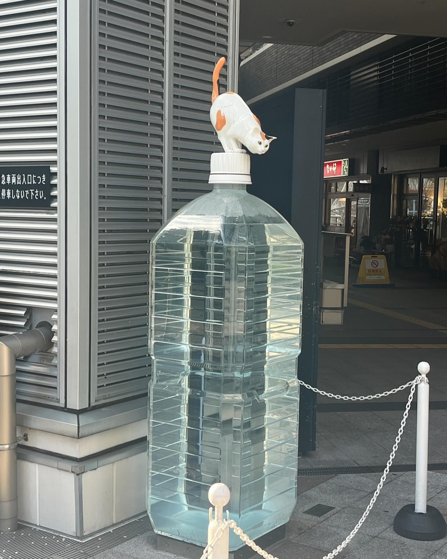 A playful cat sculpture perches on a large, clear water bottle against an urban backdrop with an entranceway and metal siding.