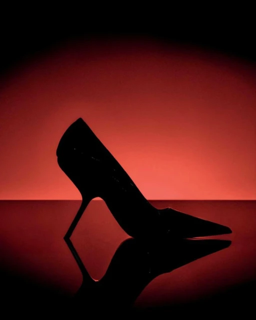 Silhouette of a black high-heeled shoe on a reflective surface against a gradient red and black background, fashion product photography.