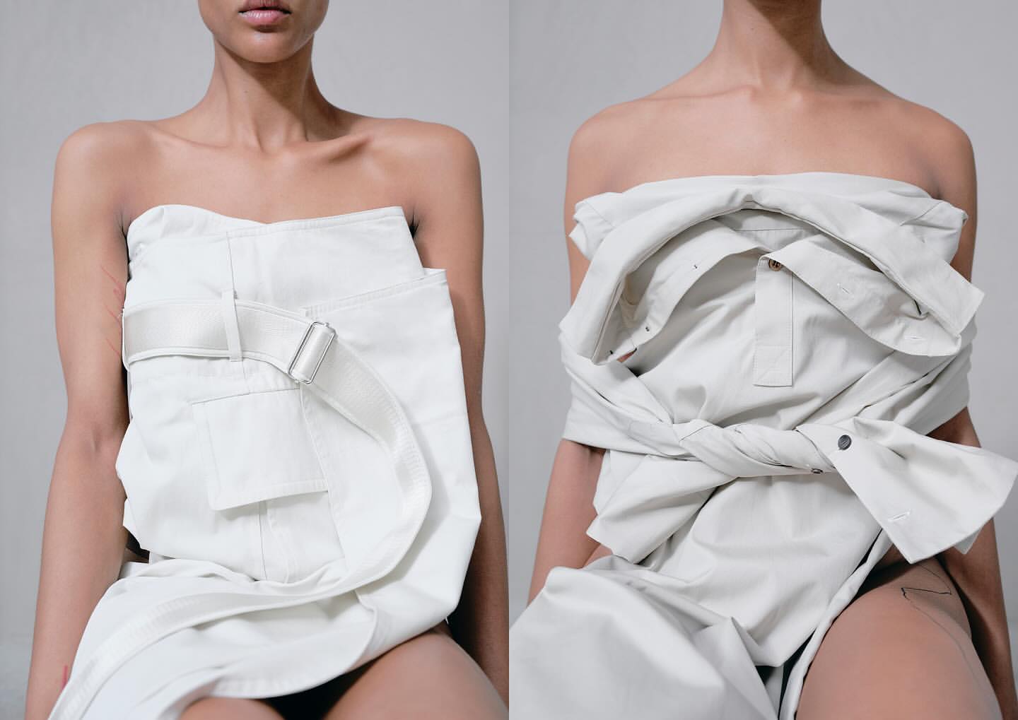 Two-panel studio shot of a slender woman wrapped in draped white fabric, resembling a dress, in neutral ambiance and soft lighting.