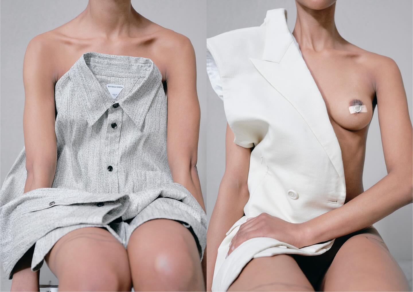Two women in a photo studio. One model wears an oversized button-down shirt; the other wears an oversized blazer in a fashion shoot.