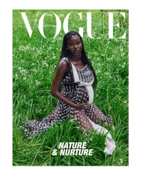 Pregnant Black woman with braided hair kneeling in tall green grass wearing a patterned dress, photographed by Jesse Lizotte.