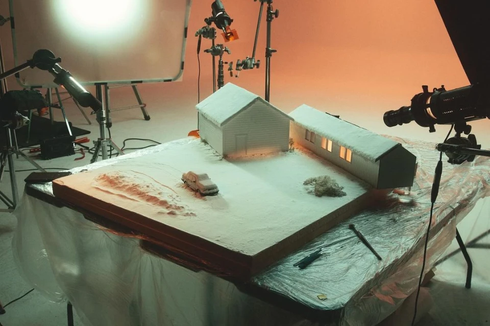 Miniature winter scene featuring a car and snow-covered buildings on a table, illuminated by studio lighting equipment in the background.