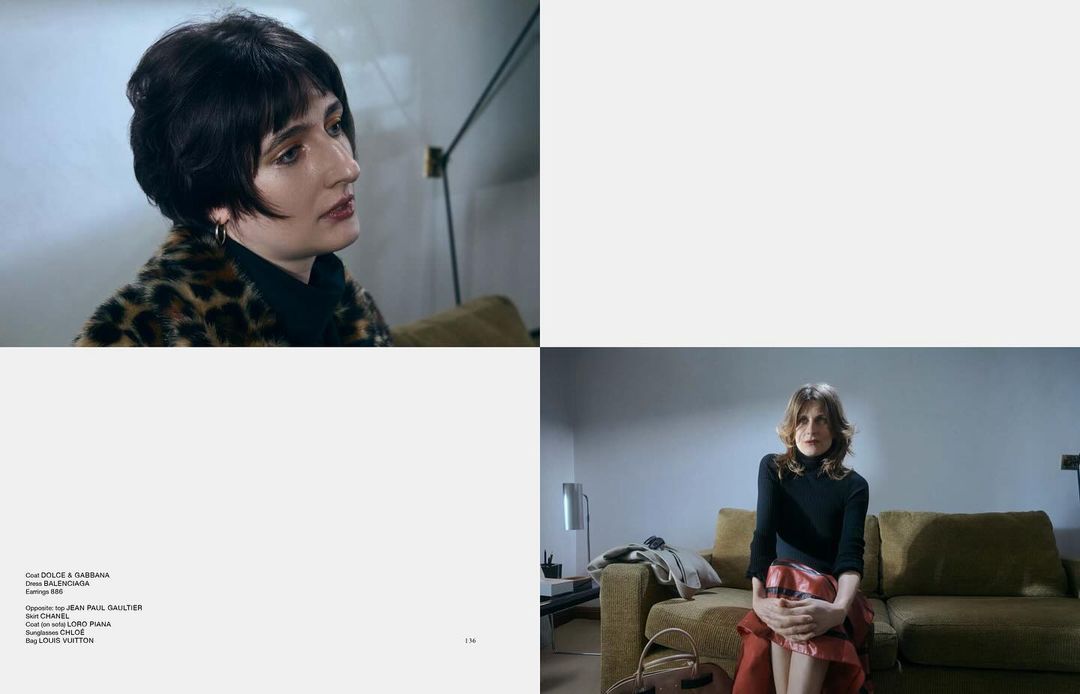 Two women are featured in a split-screen: one wearing a leopard print jacket and the other a black turtleneck with a red skirt. Both are indoors.