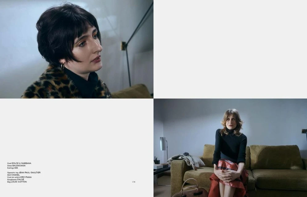 Two women are featured in a split-screen: one wearing a leopard print jacket and the other a black turtleneck with a red skirt. Both are indoors.