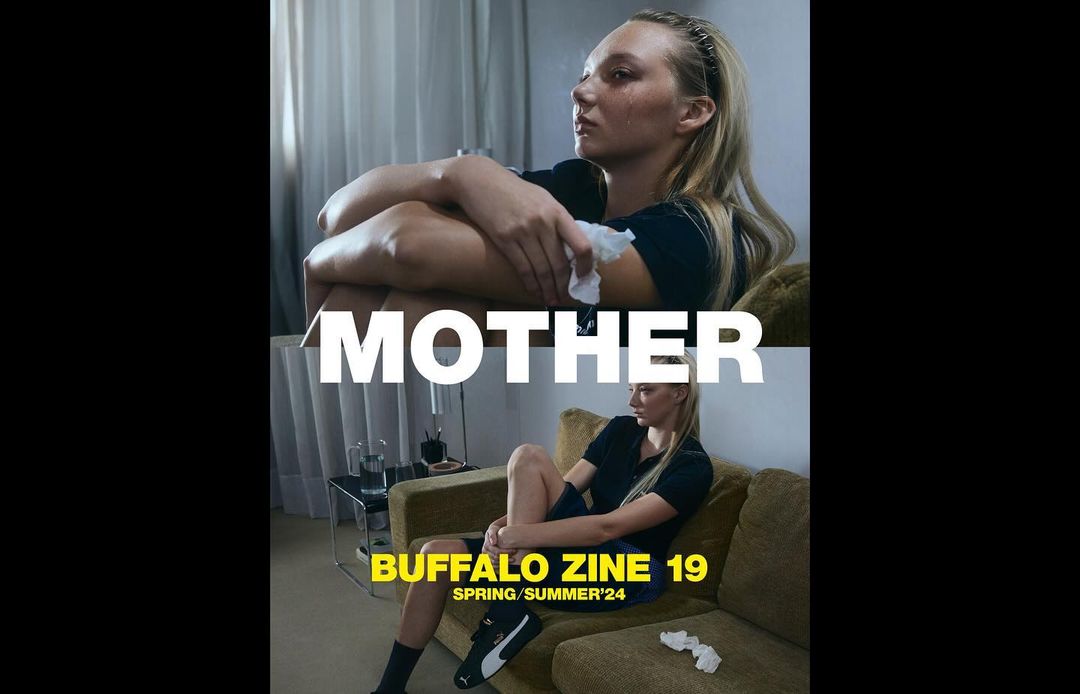 Split-screen fashion editorial featuring a woman on an olive couch, styled in a black top and Puma sneakers, with 'MOTHER' in white text.