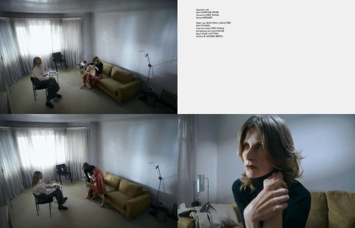 Three image montage showcasing two women in an indoor setting, one on a couch, and a close-up of a woman's face looking off-camera.