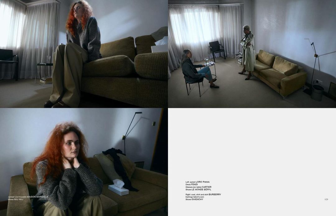 Fashion editorial photo shoot in a minimalist studio with three people on couches and chairs in neutral tones, showcasing modern clothing.